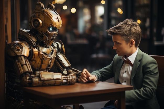 man doet sollicitatiegesprek met robot of kunstmatige intelligentie