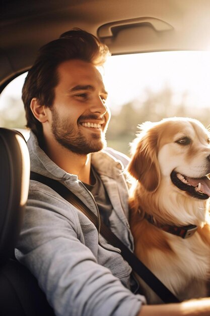男と犬が犬と一緒に車に乗っている