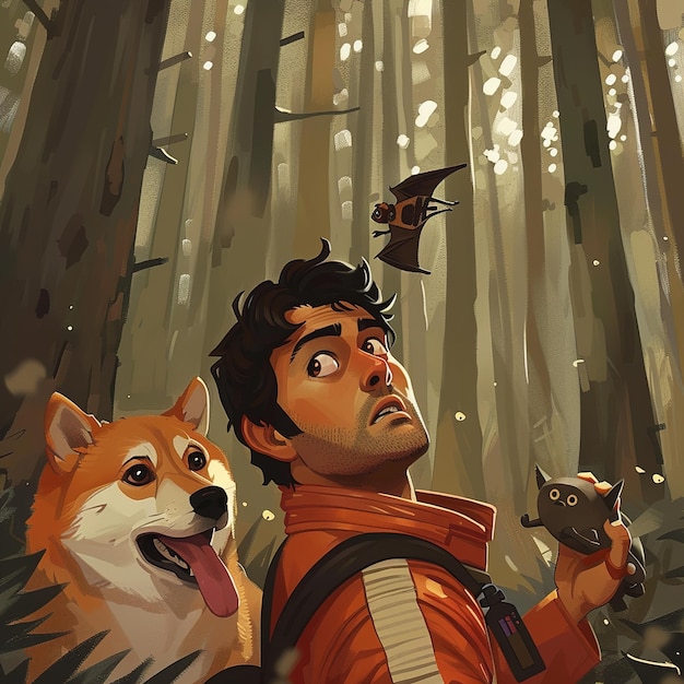 a man and a dog are in a forest with a bird flying above him