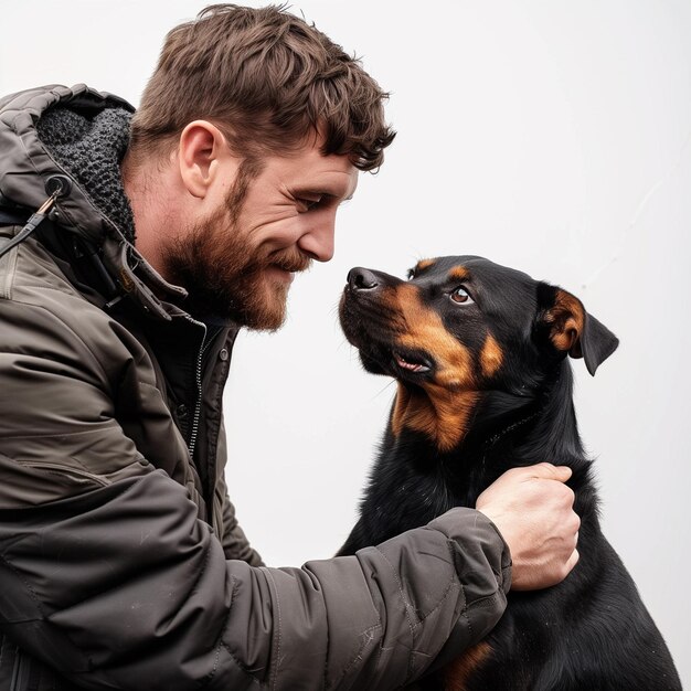 a man and a dog are looking at each other