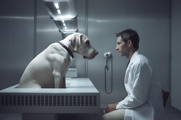 Photo a man and a dog are sitting in a lab