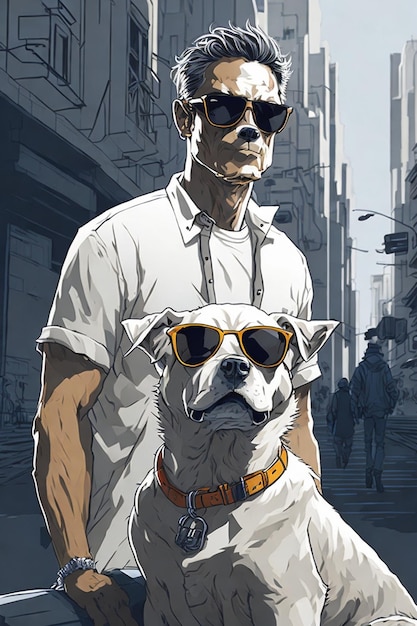 a man and a dog are standing in front of a building with a dog wearing sunglasses.