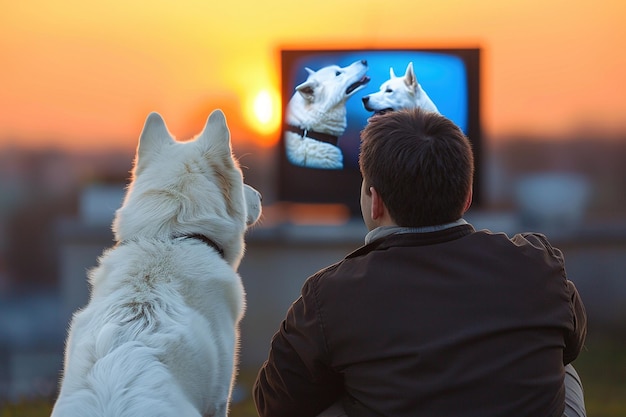 Мужчина и собака вместе смотрят телевизор.