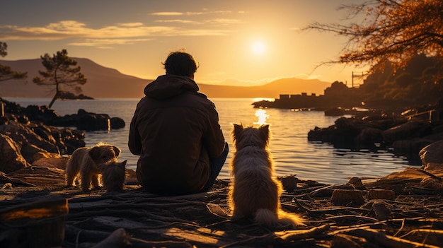 夕暮れのビーチで男と犬