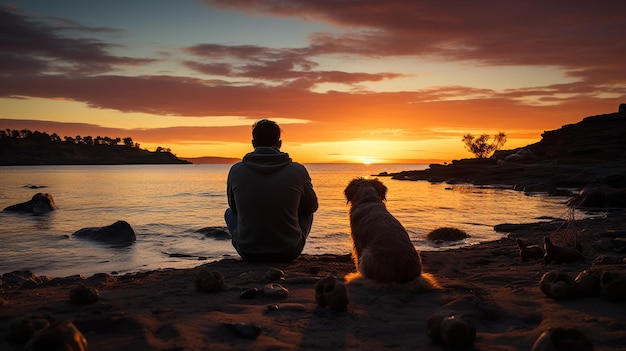 夕暮れのビーチで男と犬