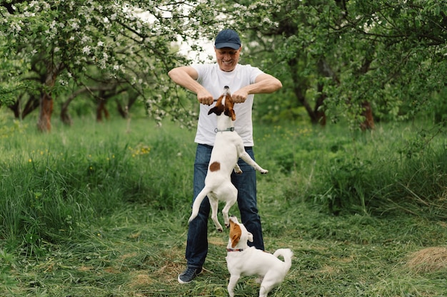 男と犬の友情。男は牧草地でジャックラッセルテリア犬を演じます。