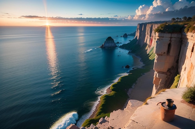 A man and a dog looking at the cliffs at sunset