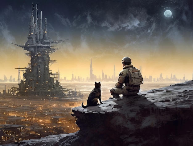 A man and a dog sit on a cliff looking at a large city with a moon in the background.