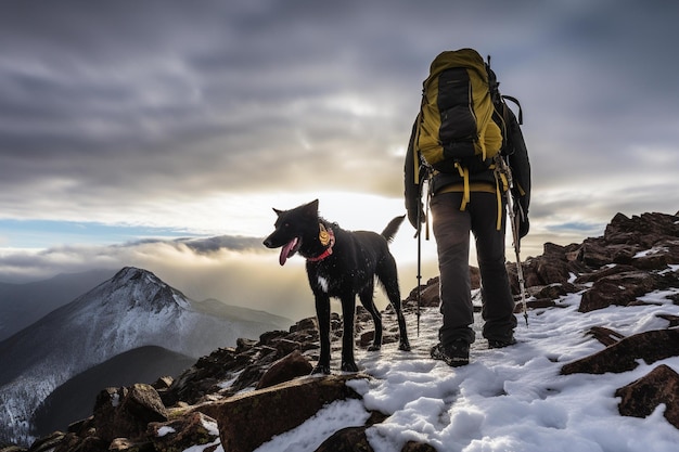 A man and a dog on a snowy mountain with a mountain in the background.