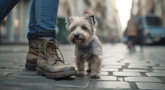 A man and a dog standing next to a shoe