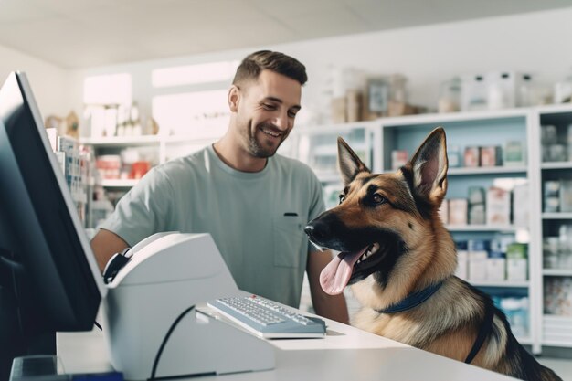 A man and a dog in a Veterinary pharmacy store