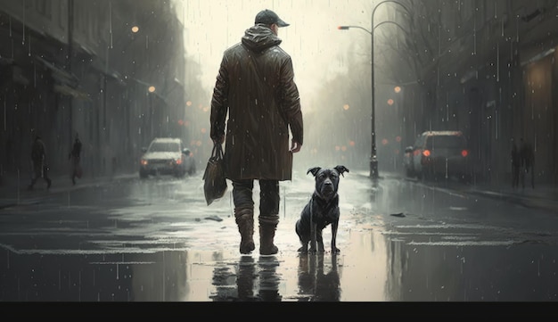 A man and a dog walk in the rain.