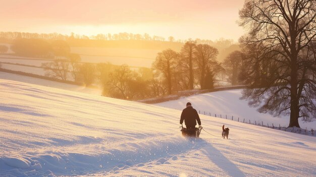 man and dog walking in snowy landscape