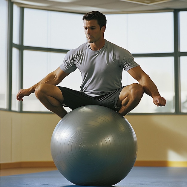 A man doing balance and flexibility exercises on a BOSU ball or stability ball Premium AI generated image