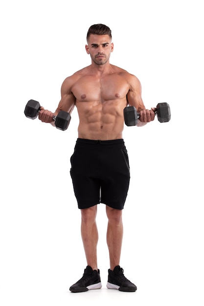 Man doing bodybuilding on white background