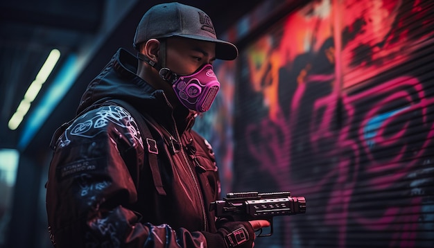 Foto uomo che fa arte dei graffiti cyberpunk con vernice spray sulla strada