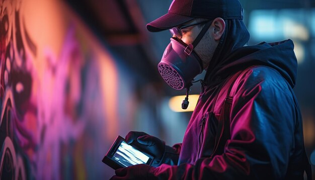 Man doing cyberpunk graffiti art with spray paint on the street