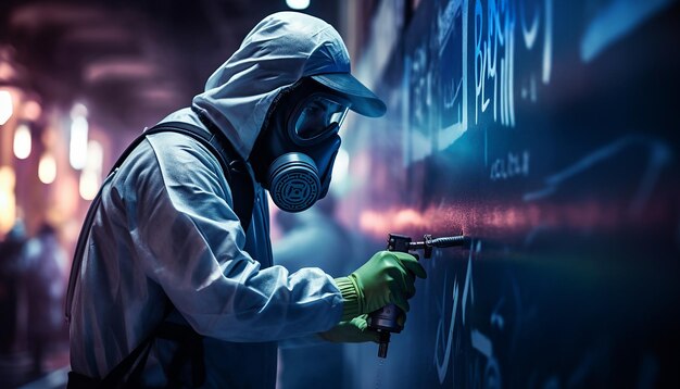 Foto uomo che fa graffiti cyberpunk con vernice a spruzzo per strada