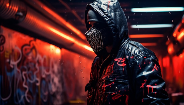 Foto uomo che fa graffiti cyberpunk con vernice a spruzzo per strada