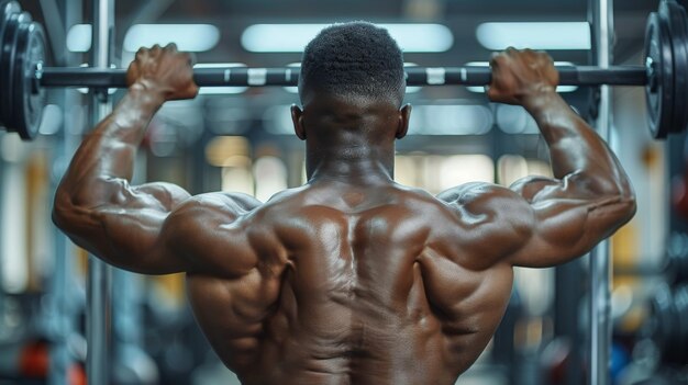 Photo man doing exercises in the gym