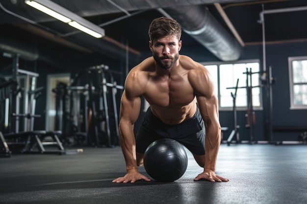 Man doing fitness workout practicing abs exercise with med ball in gym male athlete exercising doing