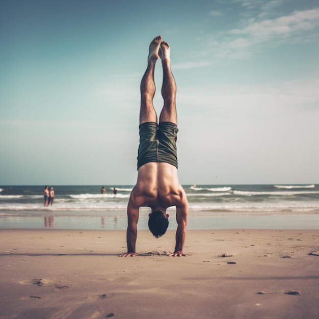 Photo a man doing a handstand on a beach.