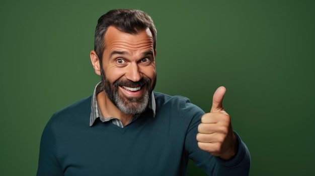 Man doing happy thumbs up gesture with hand on green background