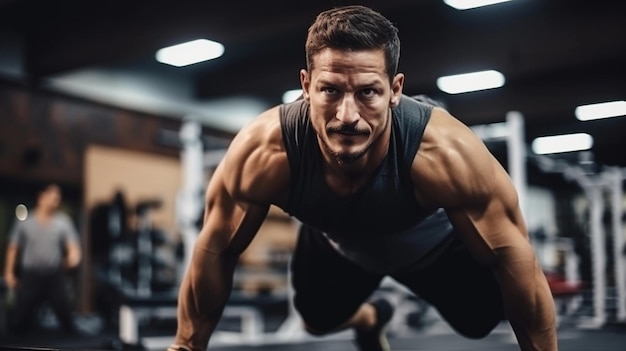 Photo man doing hard exercise at the gym