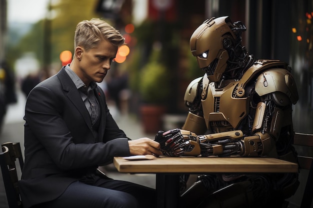 man doing job interview with robot or artificial intelligence