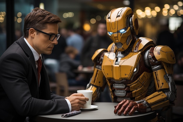 man doing job interview with robot or artificial intelligence