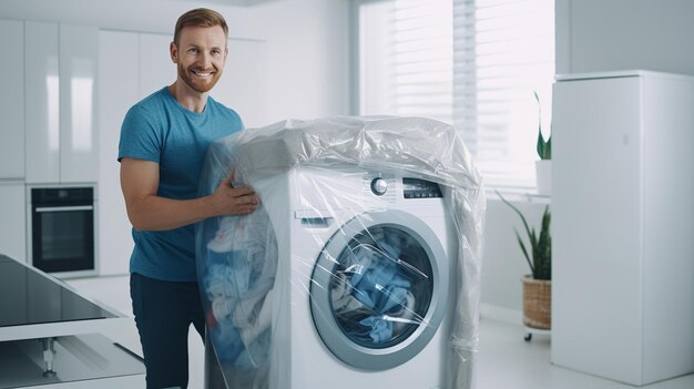 Photo man doing laundry at home