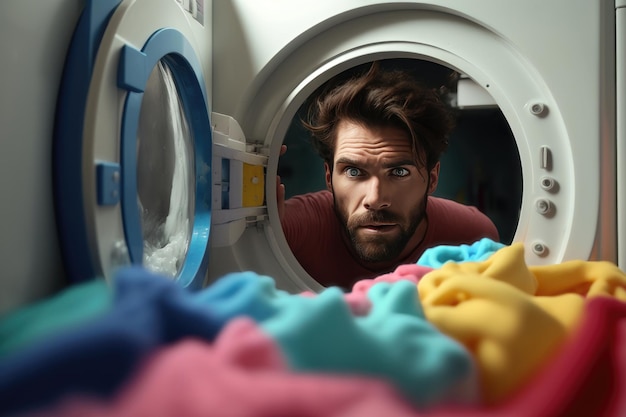 Man Doing Laundry Reaching Inside Washing Machine AI Generation