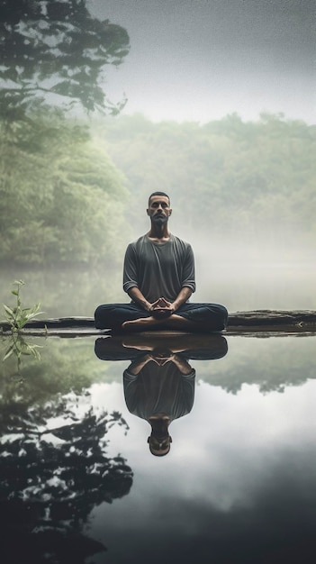 Man doing meditation by a lake Generative ai