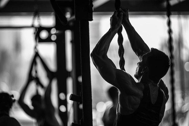 A man doing pull ups in a gym