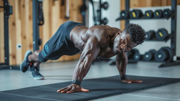 Photo a man doing push ups in a gym