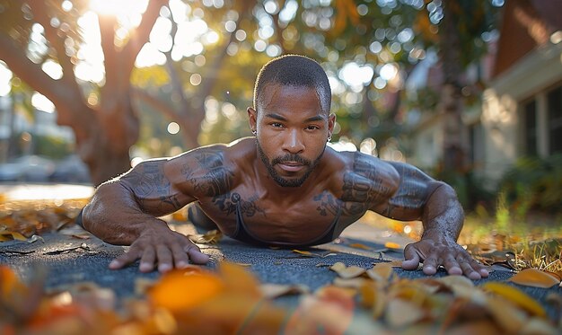 a man doing push ups with his arms outstretched