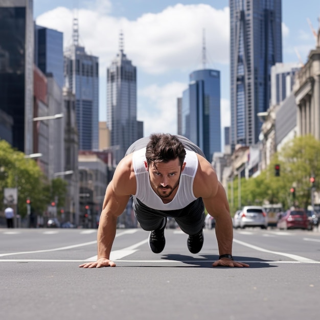 A man doing pushups on a city street with a busy urban setting behind him