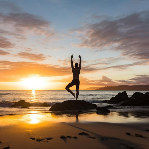 Photo a man doing yoga on a beach with the ocean and sunrise in the background