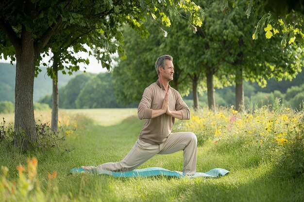 a man doing yoga in a park with trees in the background