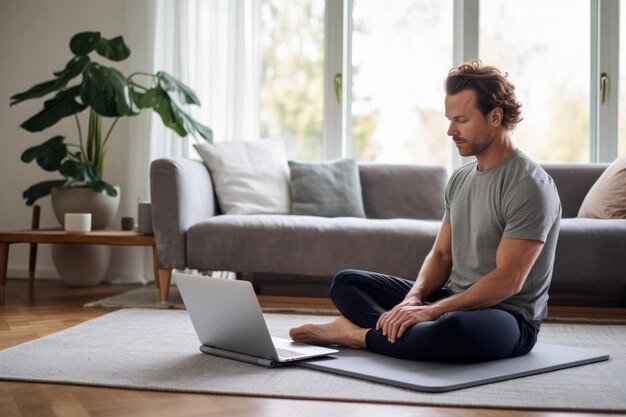man doing yoga practice workout using mat and laptop at home