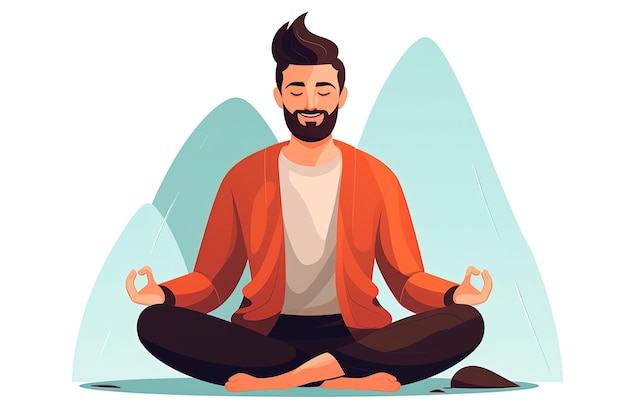 Мужчина, занимающийся йогой, йоги, сидящий в позе лотоса, медитирующий, расслабляющийся. Иллюстрация мультфильма