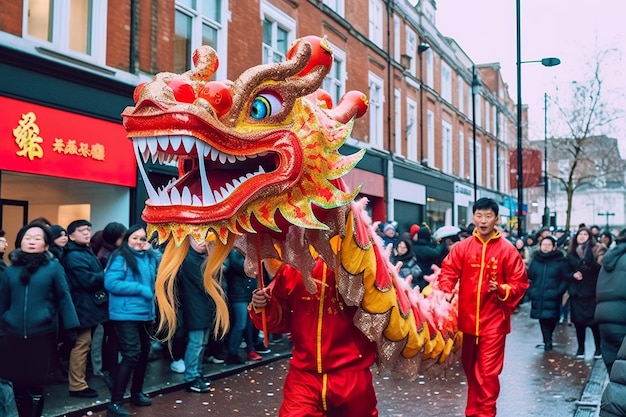 Photo a man in a dragon costume walking down a street generative ai image chinese new year celebration