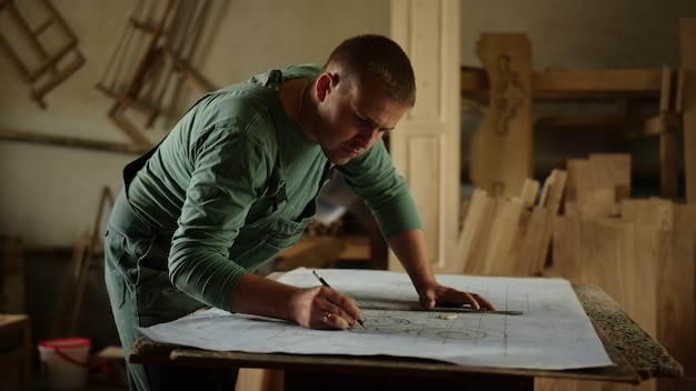 a man drawing a map on a table with a pencil.