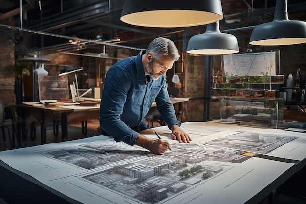 Photo a man drawing a picture of a building with a blue shirt on it