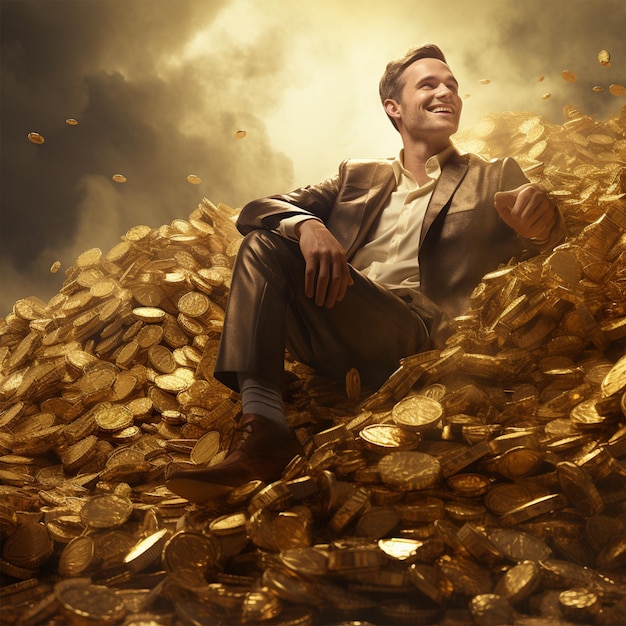 A man dreaming of sitting on a heap of gold and happy