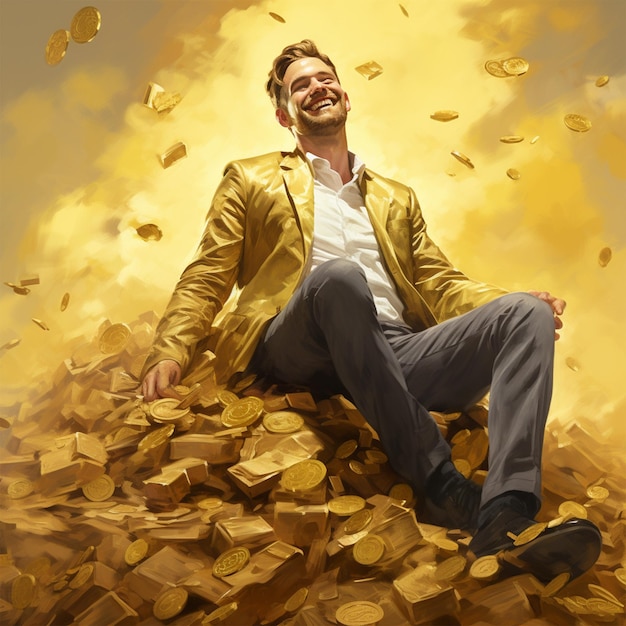 Мужчина мечтает сидеть на куче золота в золотой куртке и счастлив