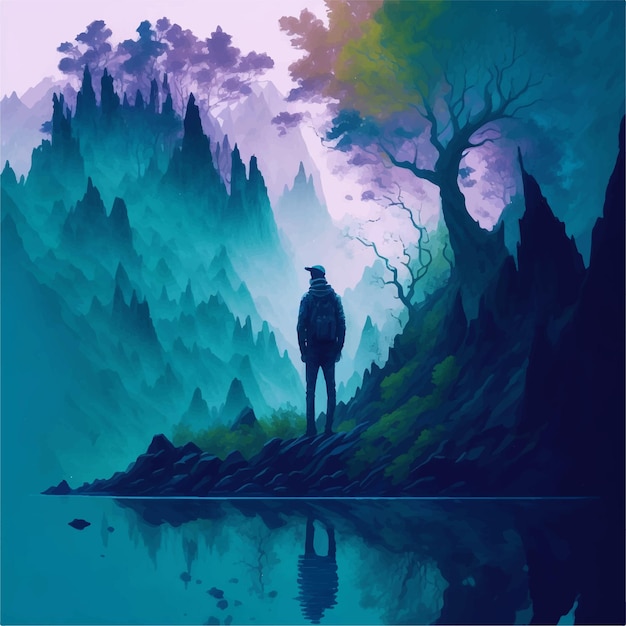 A man in a dreamlike watercolor landscape surrounded by vibrant hues of blues and greens