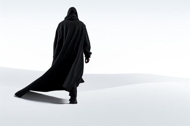 Photo a man dressed in all black walking in a plain white surface