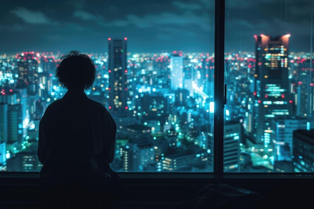 A man dressed in anime style looks out the window at night Ai generative