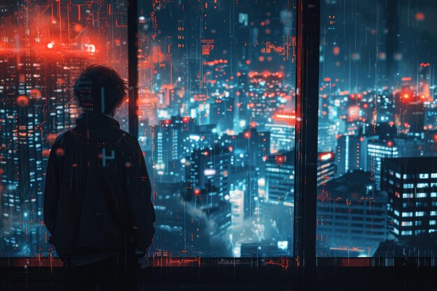 A man dressed in anime style looks out the window at night Ai generative